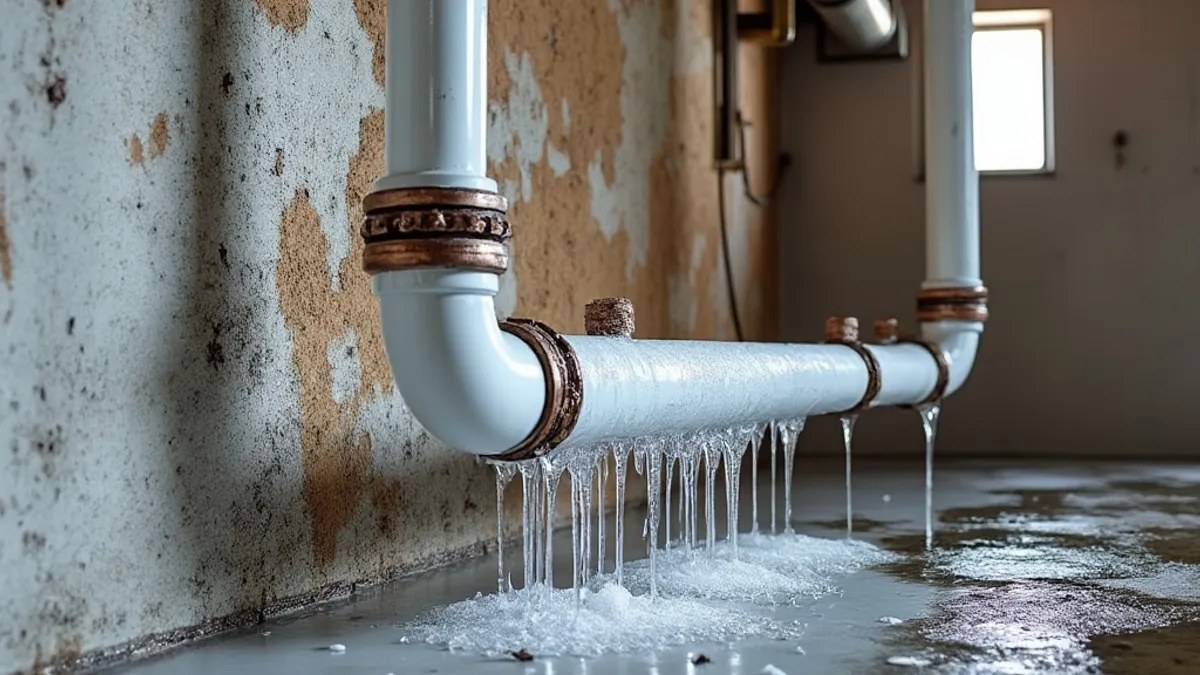 Clear water dripping from a split supply pipe into puddles on a concrete floor